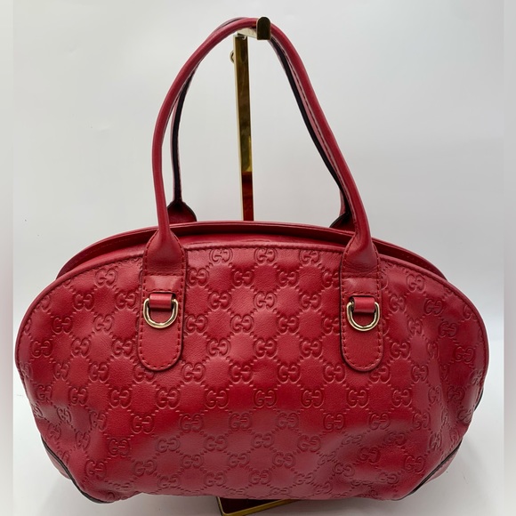 Auth Gucci Red Guccisima Leather Small Bowler Bag Gold Heart Charm Preloved - Picture 10 of 15